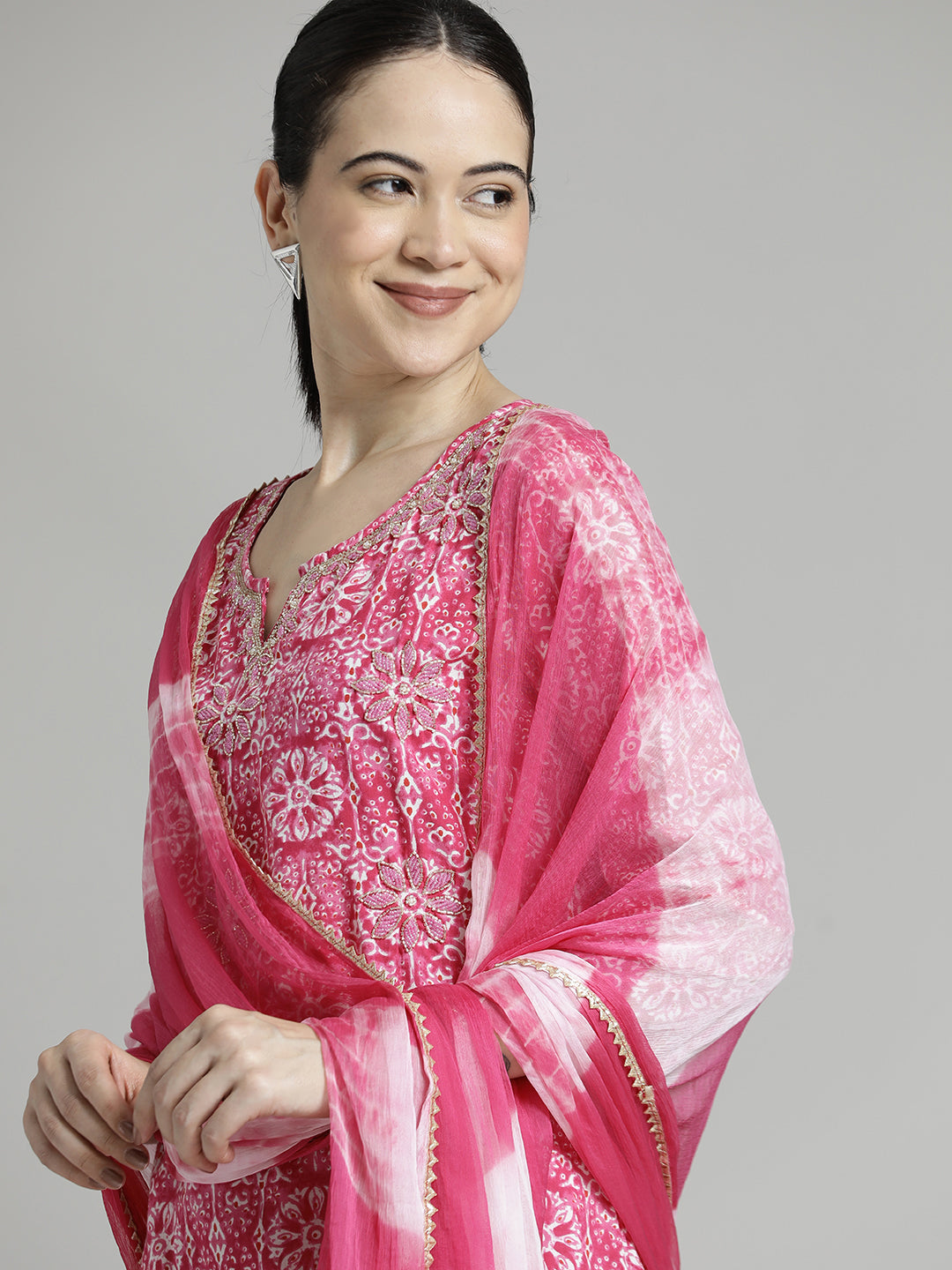 Ethnic Printed Cotton Pink Kurta Set With Dupatta