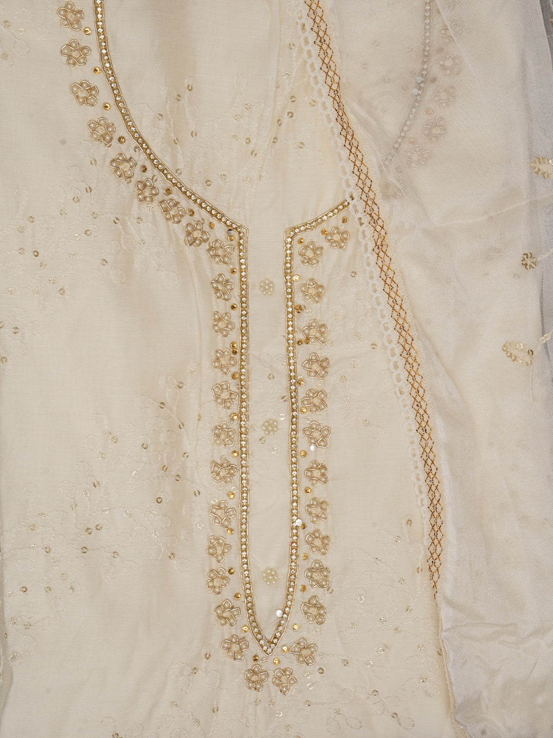 White Sequin Embroidered Pure Cotton Dress Material with Dupatta