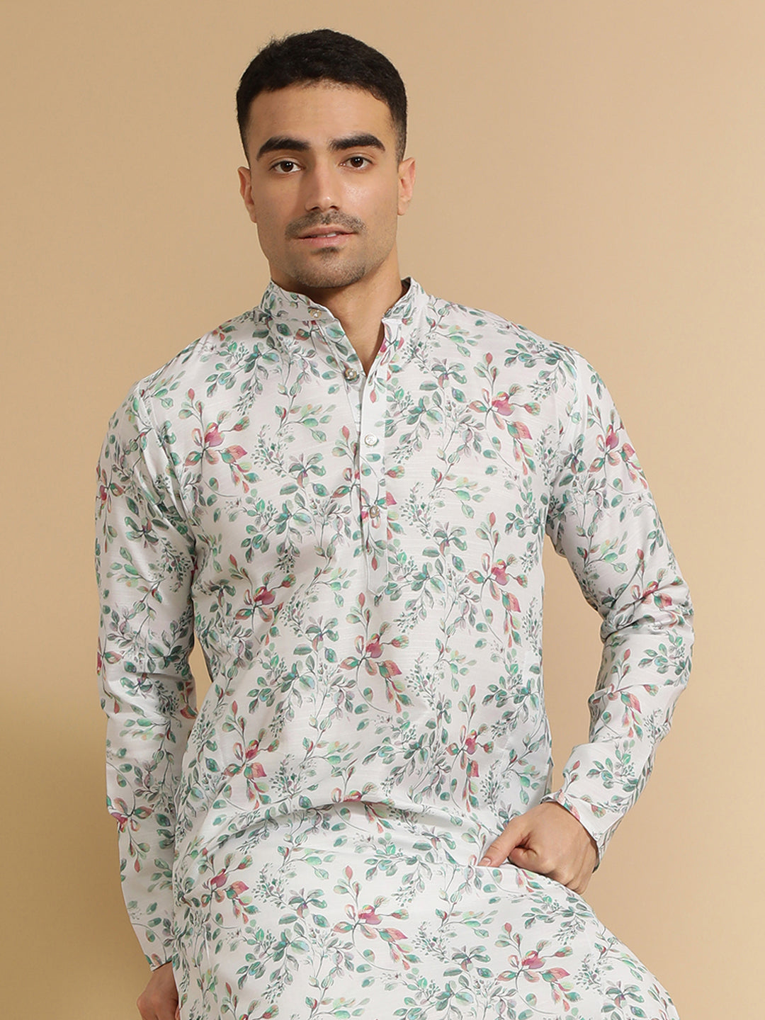 Off White & Green Floral Printed Cotton Kurta for Men