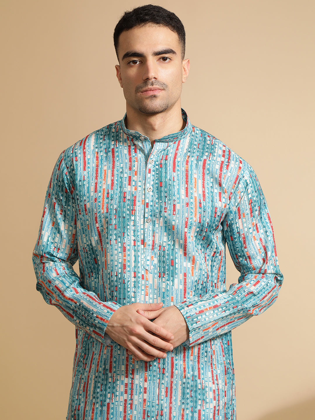 Teal Blue Abstract Printed Cotton Kurta for Men