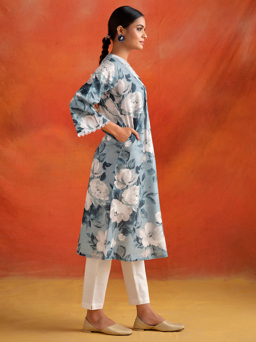 Grey Floral Printed A-line Kurta