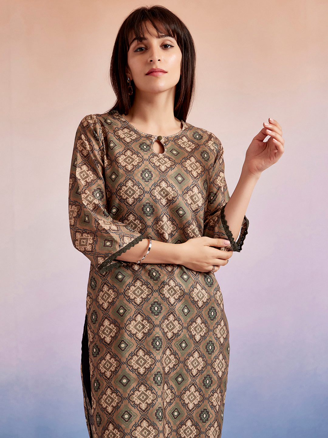 Moroccan Printed Olive Green  Straight Kurta