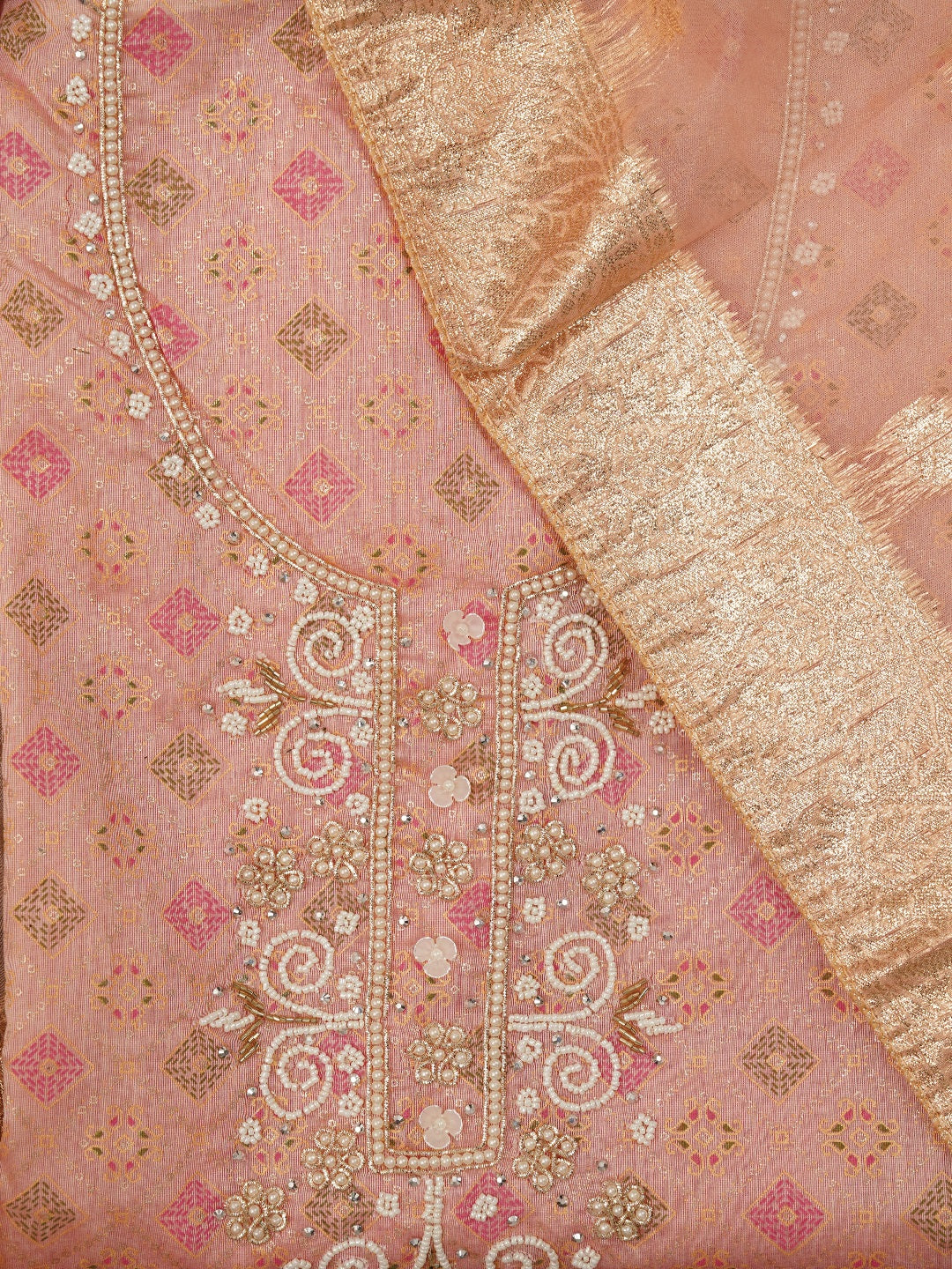 Peach Unstitched Embellished Cotton Blend Dress Material with Dupatta