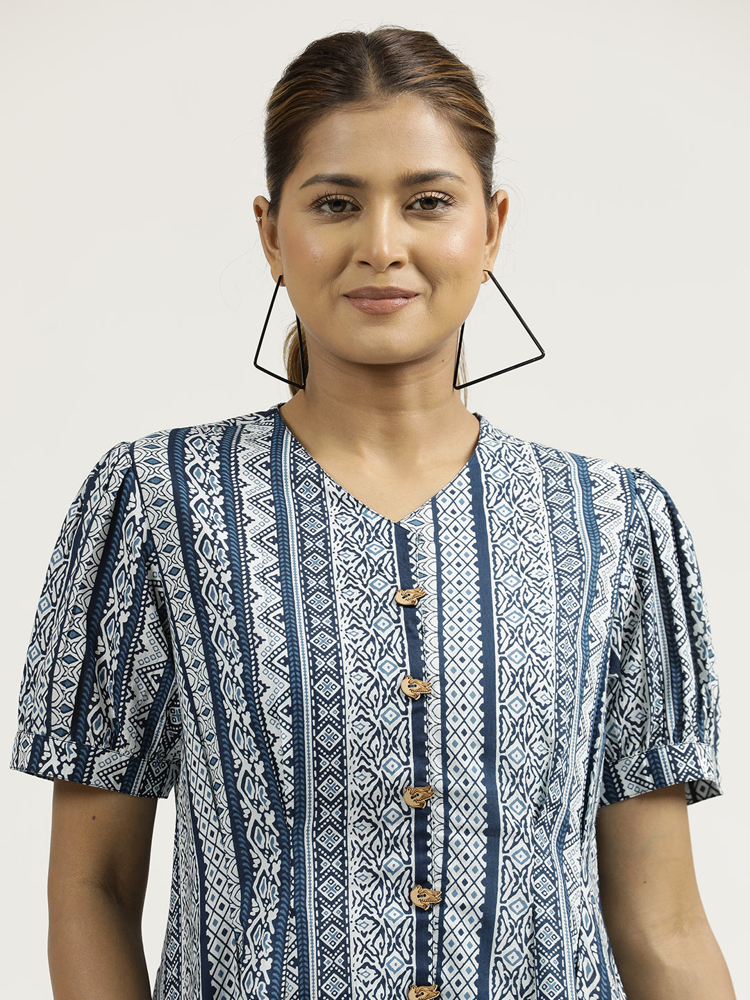 Indigo Printed Cotton Pleated Top