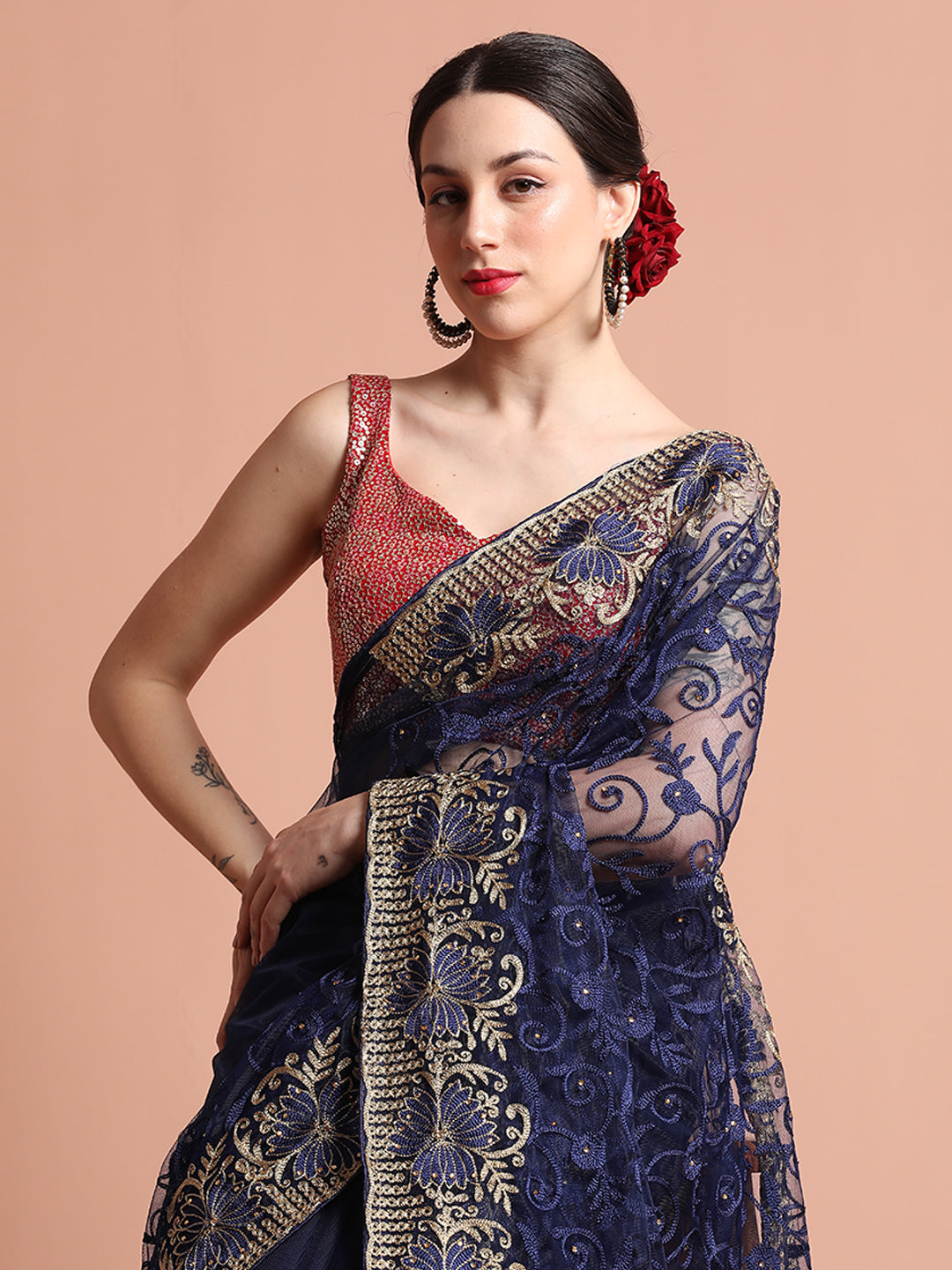 Navy Blue Heavy Floral Embroidered Net Party Wear Saree