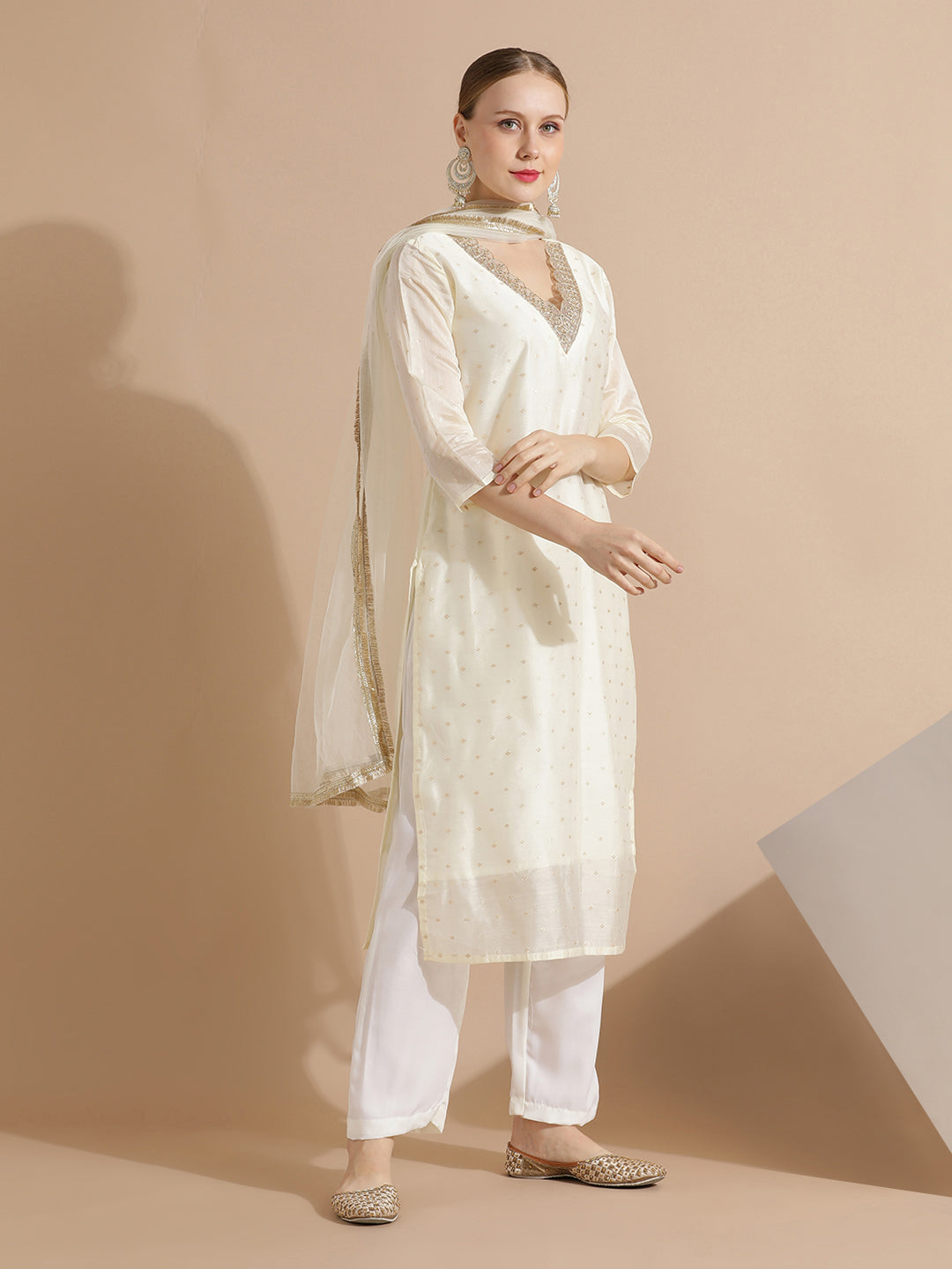 Off White Chanderi Woven Festive Kurta Set With Dupatta