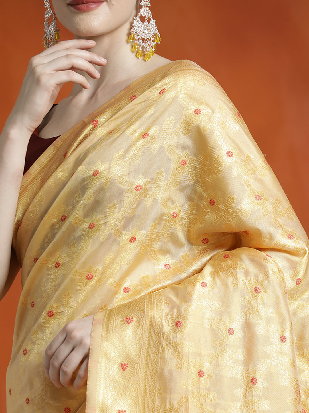 Beige Banarasi Zari Woven Silk Blend Saree