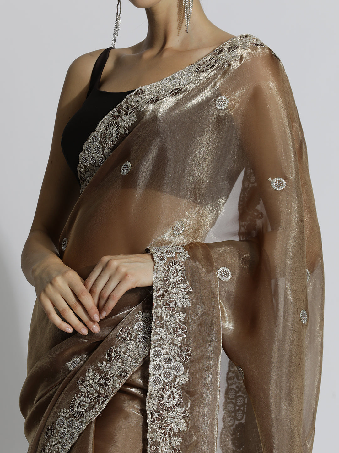 Party Wear Embroidered Tissue Brown Saree