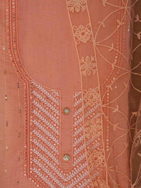 Peach Unstitched Embroidered Cotton Blend Dress Material With Dupatta