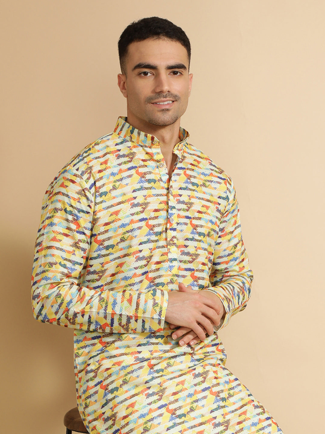 Yellow Abstract Printed Cotton Kurta for Men