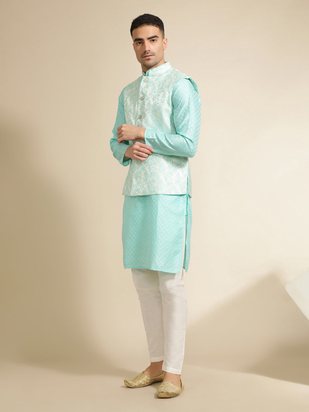 Sea Green Silk Blend Kurta With Woven Design Nehru Jacket Set