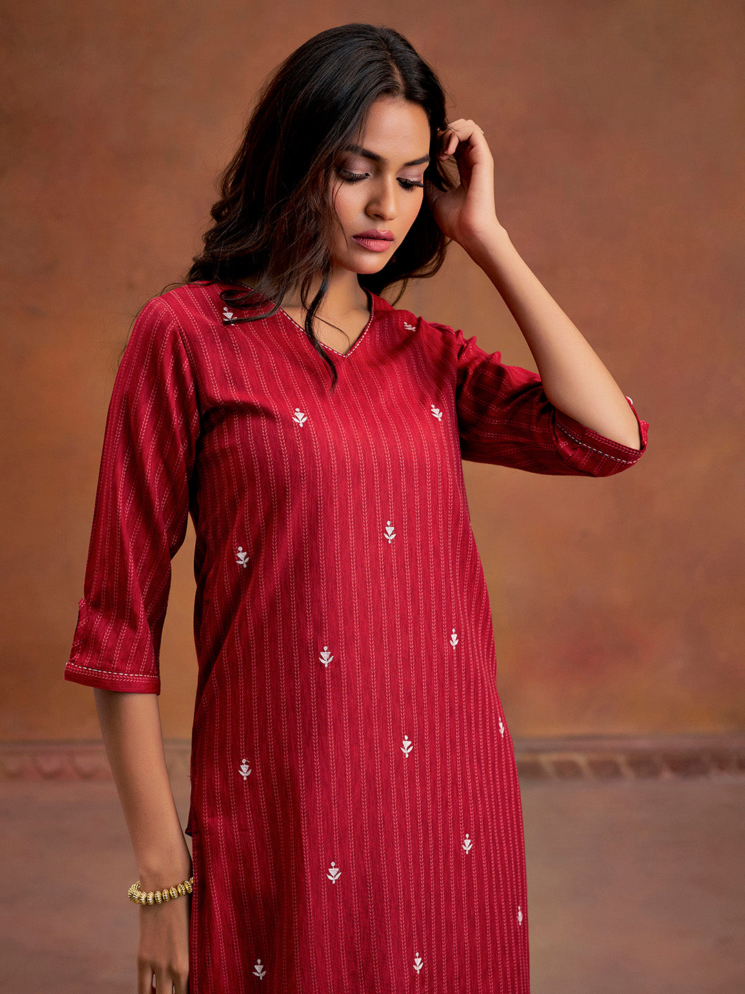 Maroon Self Woven Embroidered Straight Kurta