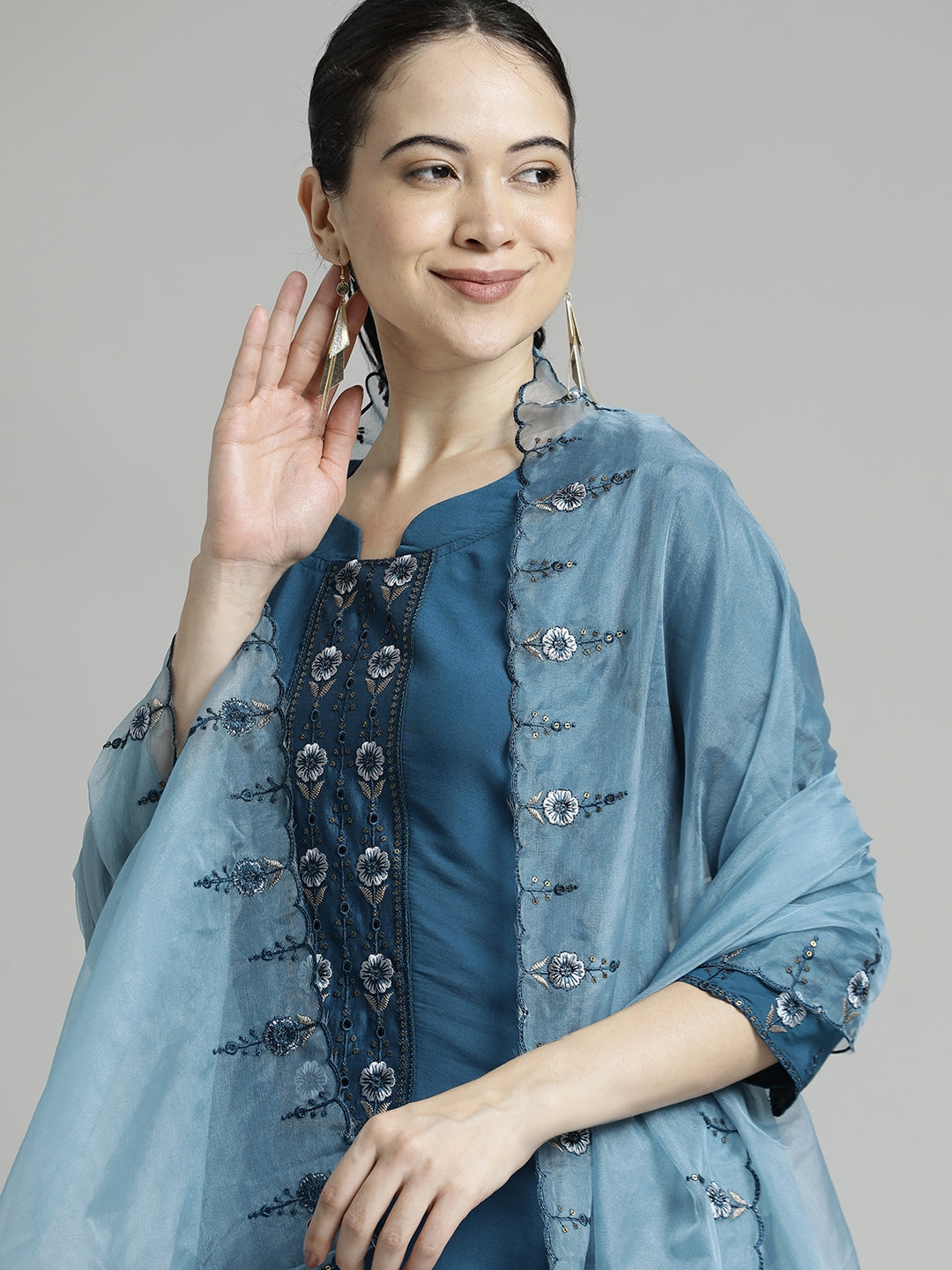 Blue Embroidered Chinon Kurta Set With Dupatta