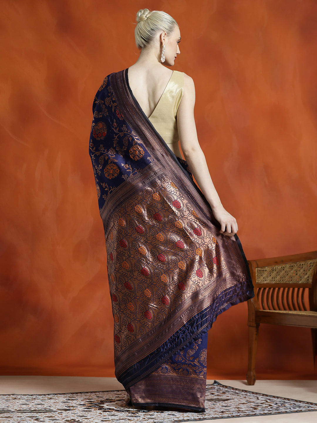 Navy Blue Silk Banarasi Zari Woven Party Wear Saree