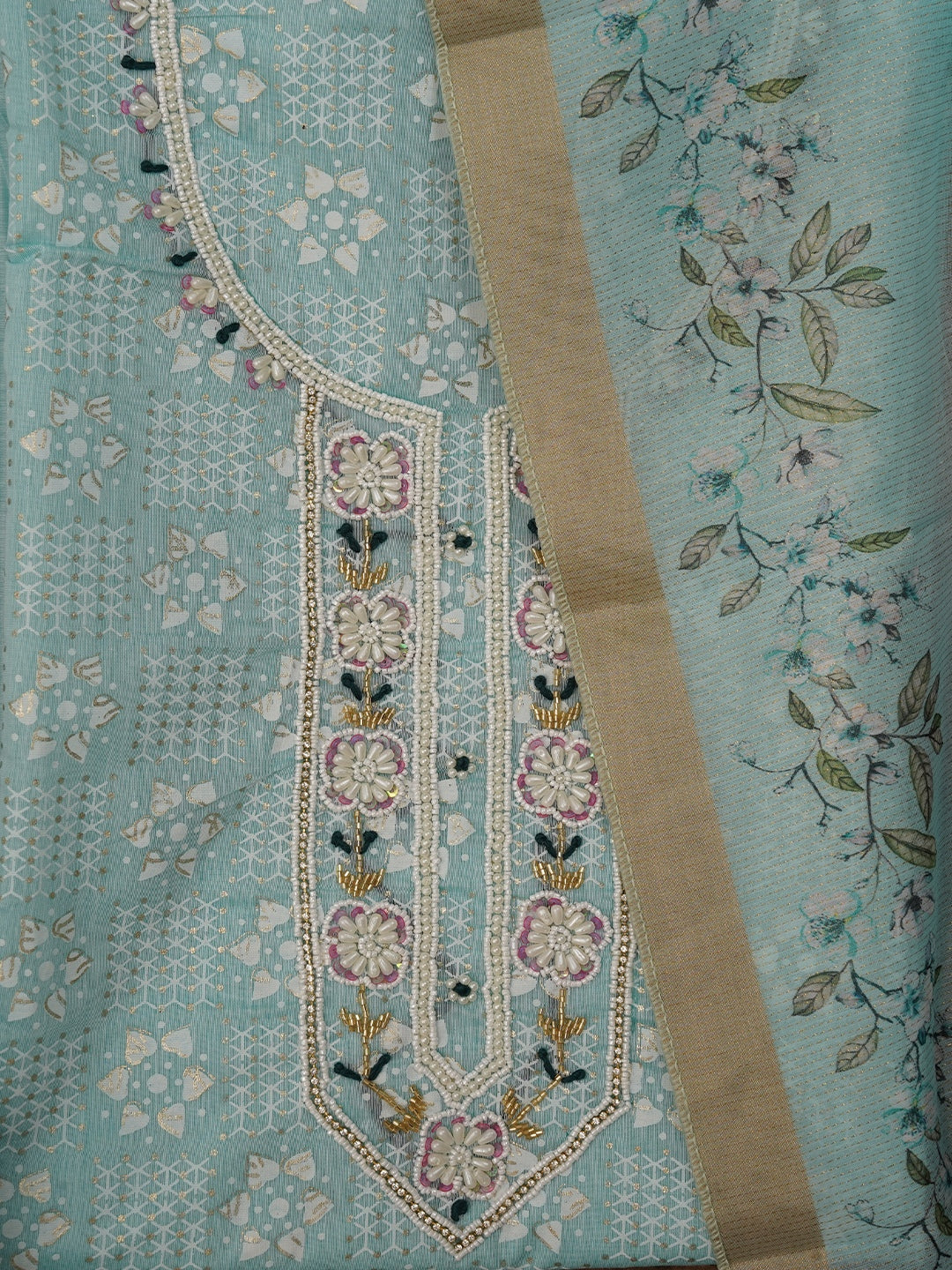 Sea Green Printed Embellished Cotton Dress Material with Dupatta