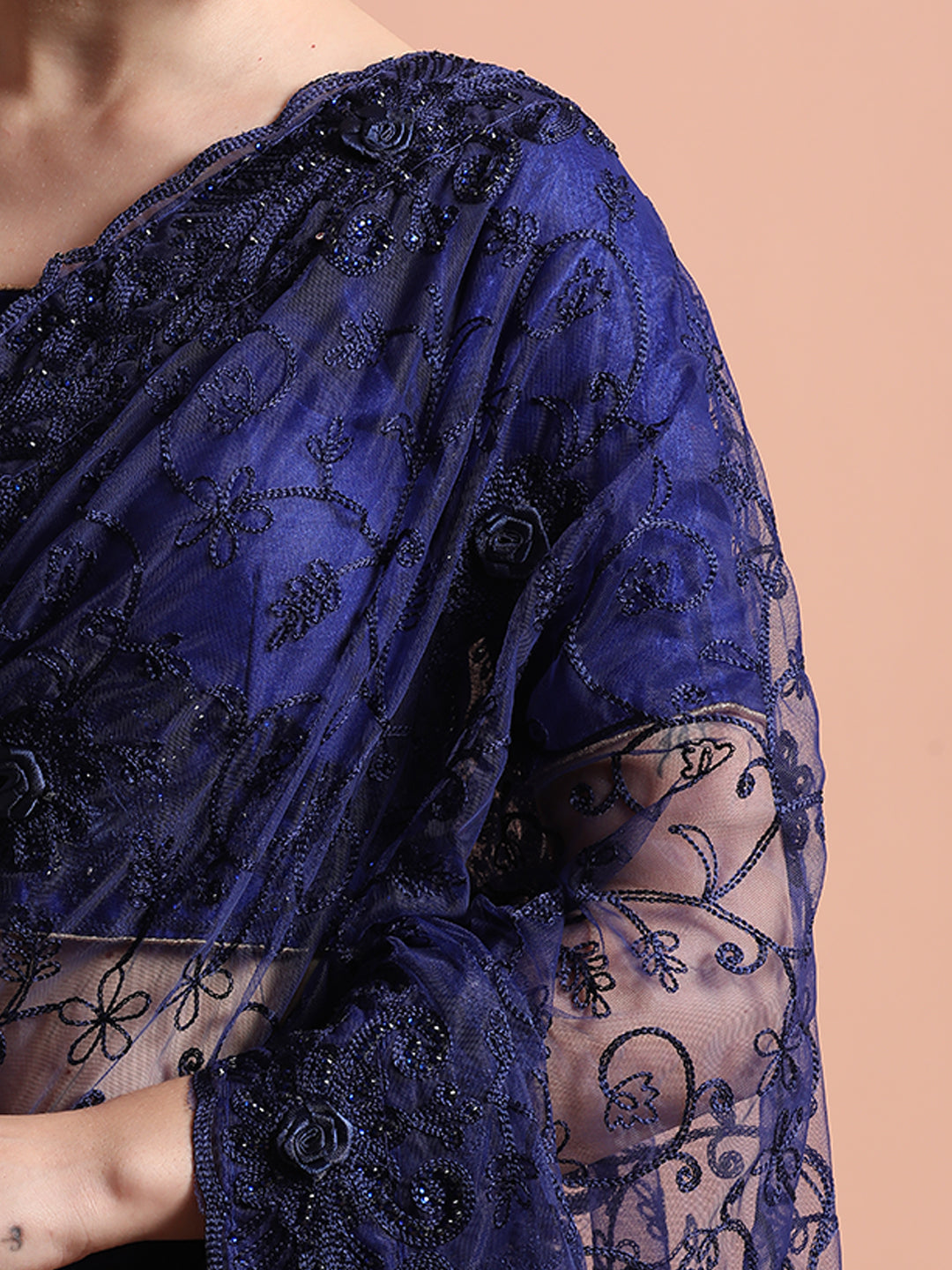 Navy Blue Embroidered Net Party Wear Saree