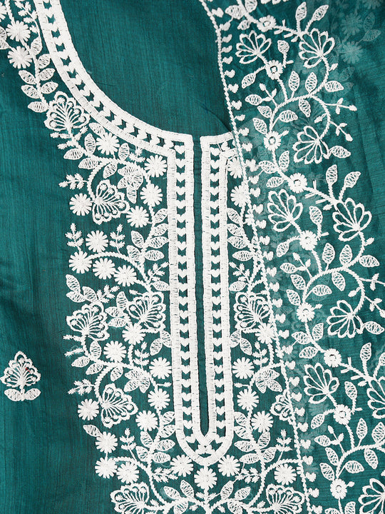 Unstitched Green Embroidered Cotton Blend Dress Material With Dupatta