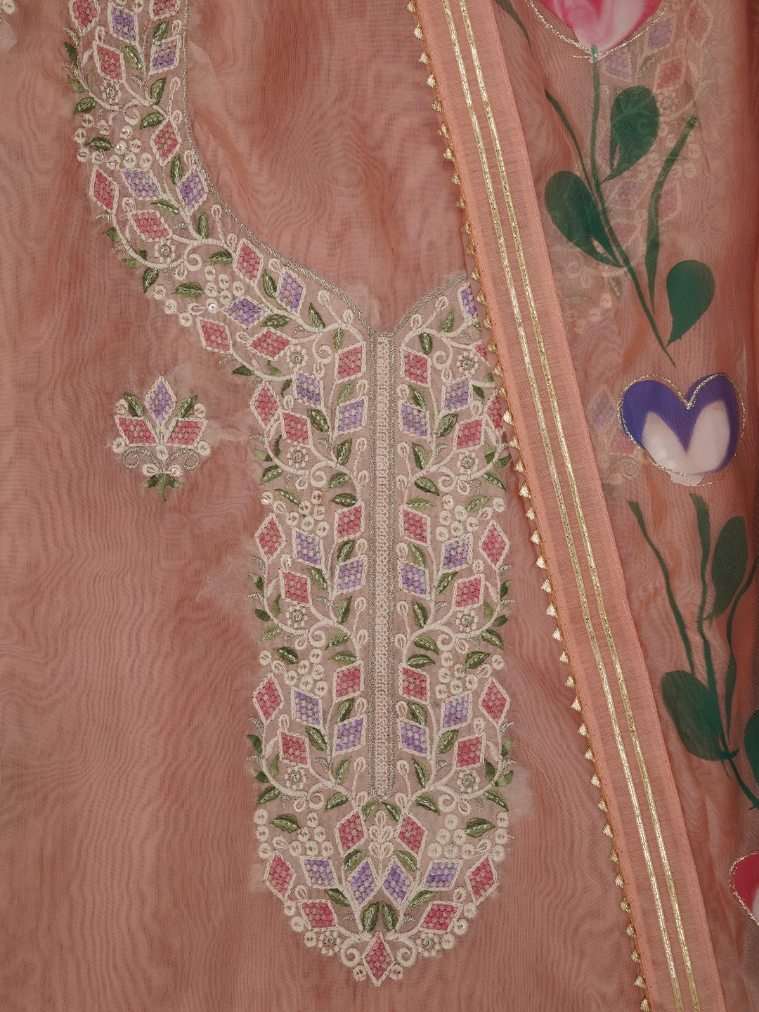 Handpainted Embroidered Pink Dress Material with Dupatta