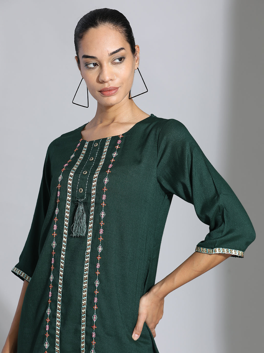 Bottle Green Embroidered Party Wear A-line Top