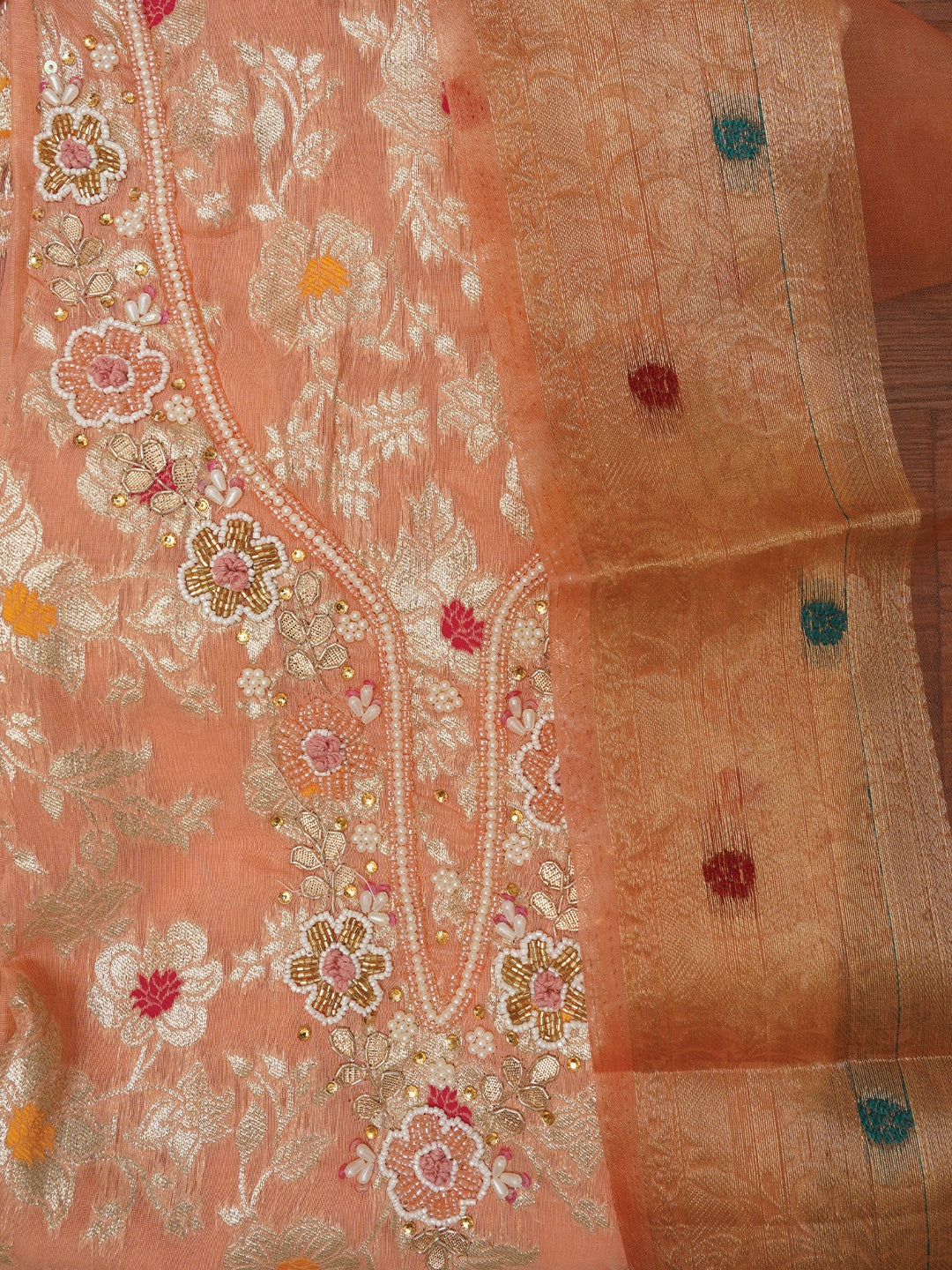 Peach Zari Brocade Cotton Dress Material with Dupatta