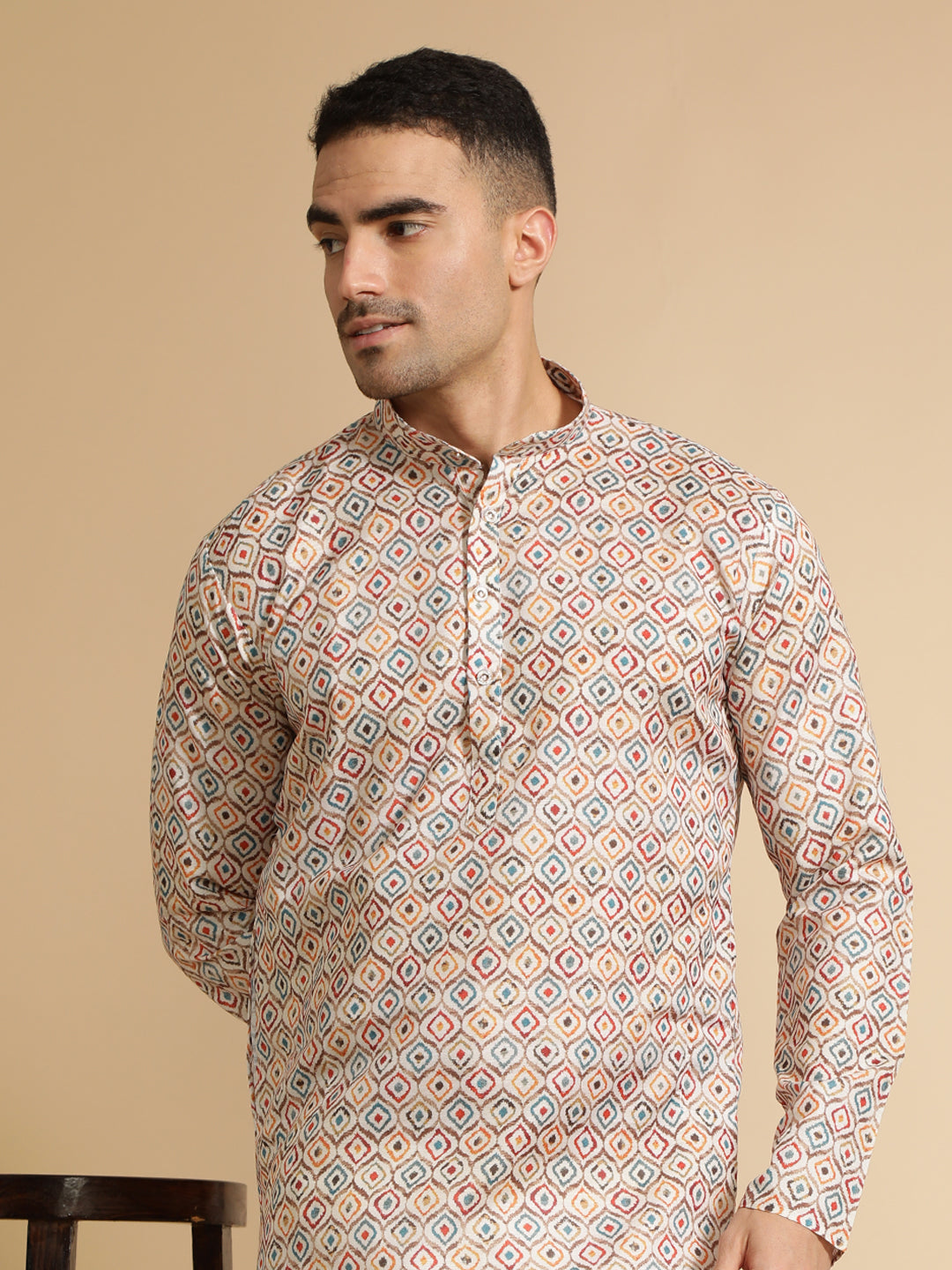 Geometric Printed Beige Cotton Kurta for Men