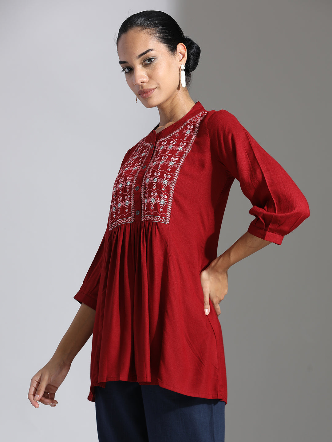 Red Embroidered Party Wear A-line Top