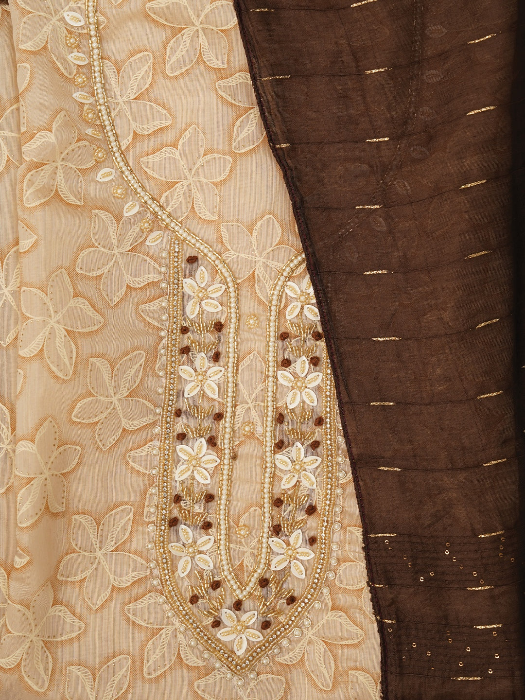 Beige Floral Printed Embellished Cotton Dress Material with Dupatta