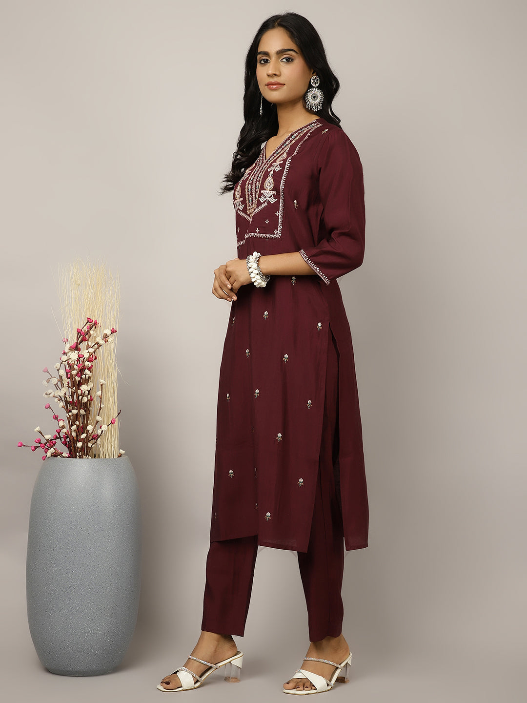 Silk Blend Wine Embroidered Suit Set