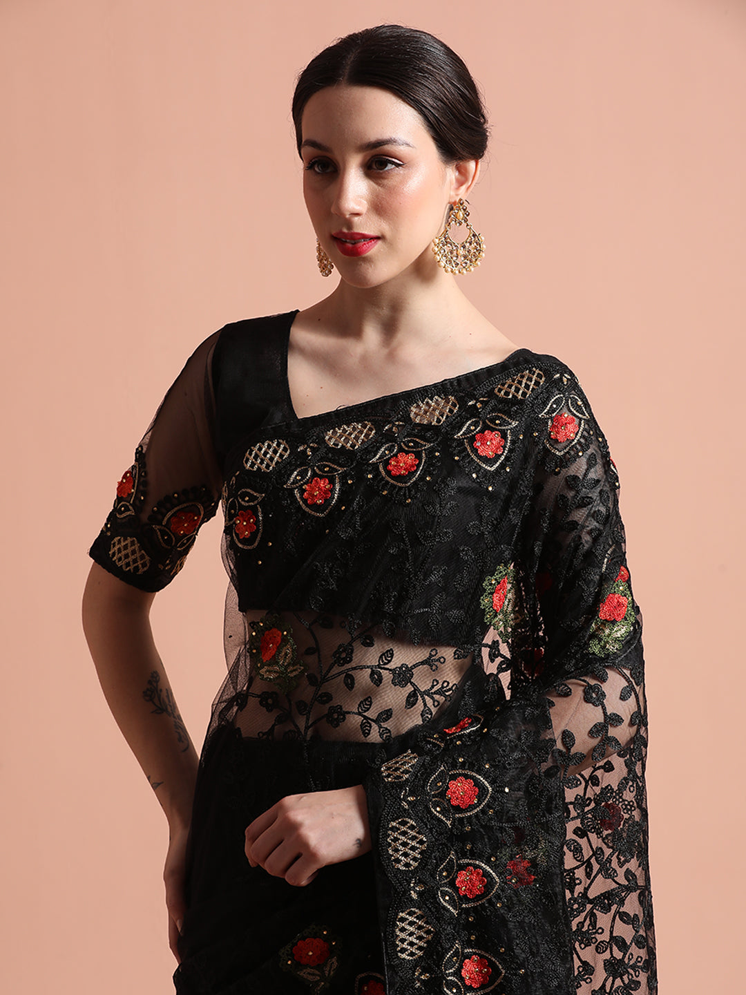 Heavy Floral Embroidered Net Party Wear Black Saree