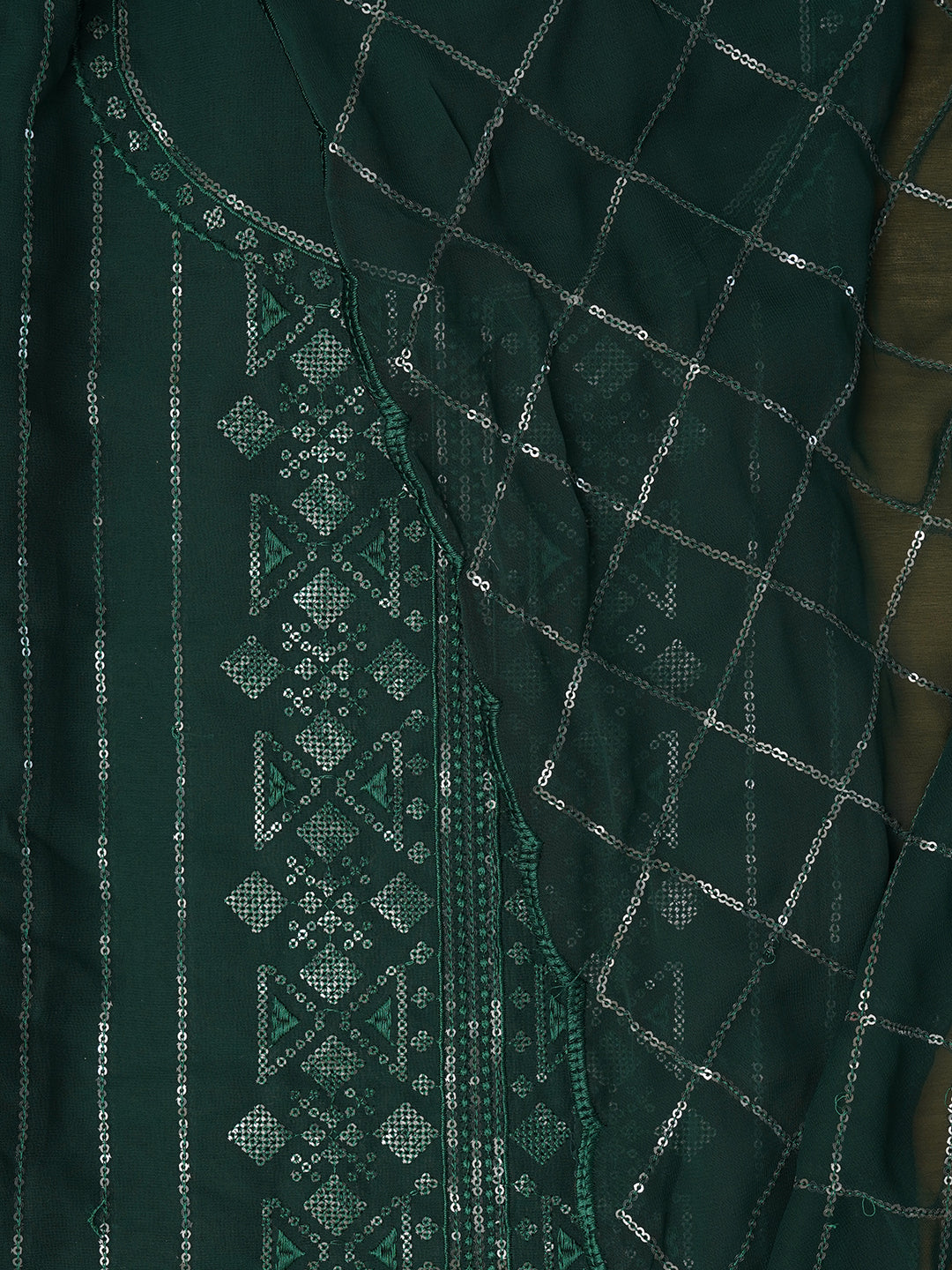 Unstitched Embroidered Green Silk Georgette Dress Material With Dupatta