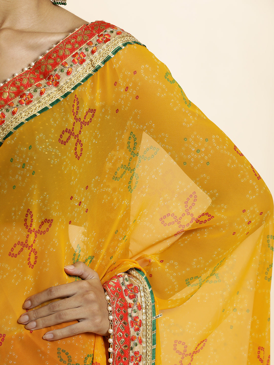 Yellow Festive Bandhani Embroidered Pure Georgette Saree