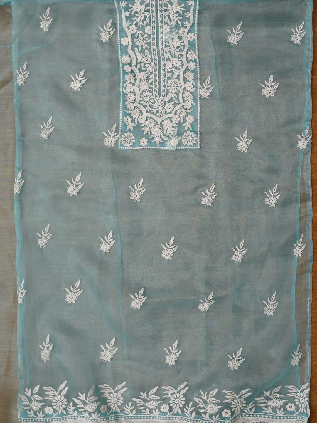 Sky Blue Thread Embroidered Organza Festive Dress Material with Dupatta