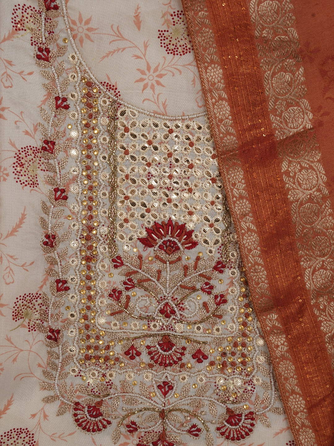 Festive Silk Blend Zari Woven Off White Dress Material With Dupatta