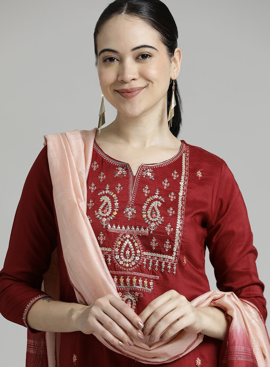 Red Embroidered Chinon Kurta Set With Dupatta