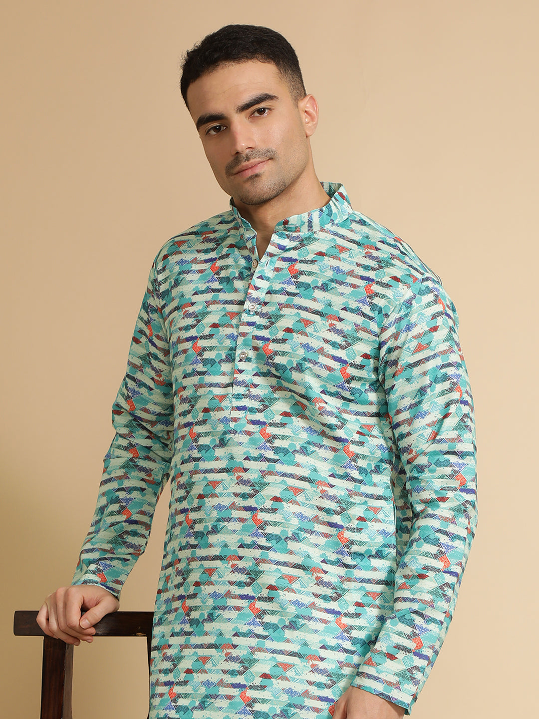 Sea Green Abstract Printed Cotton Kurta for Men