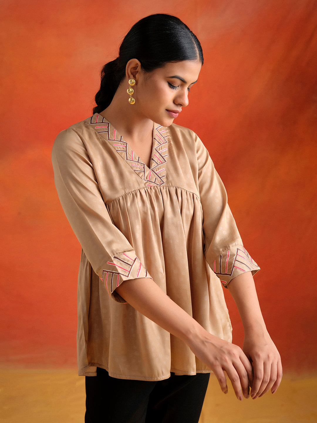 Beige Resham Embroidered Gathered Top