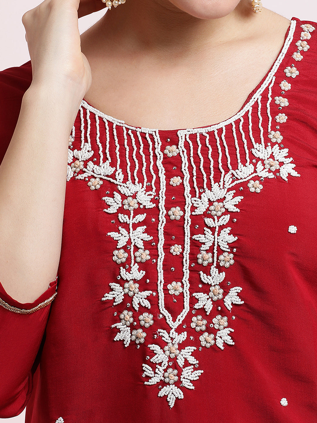 Red Embroidered Cotton Festive Kurta Set With Dupatta