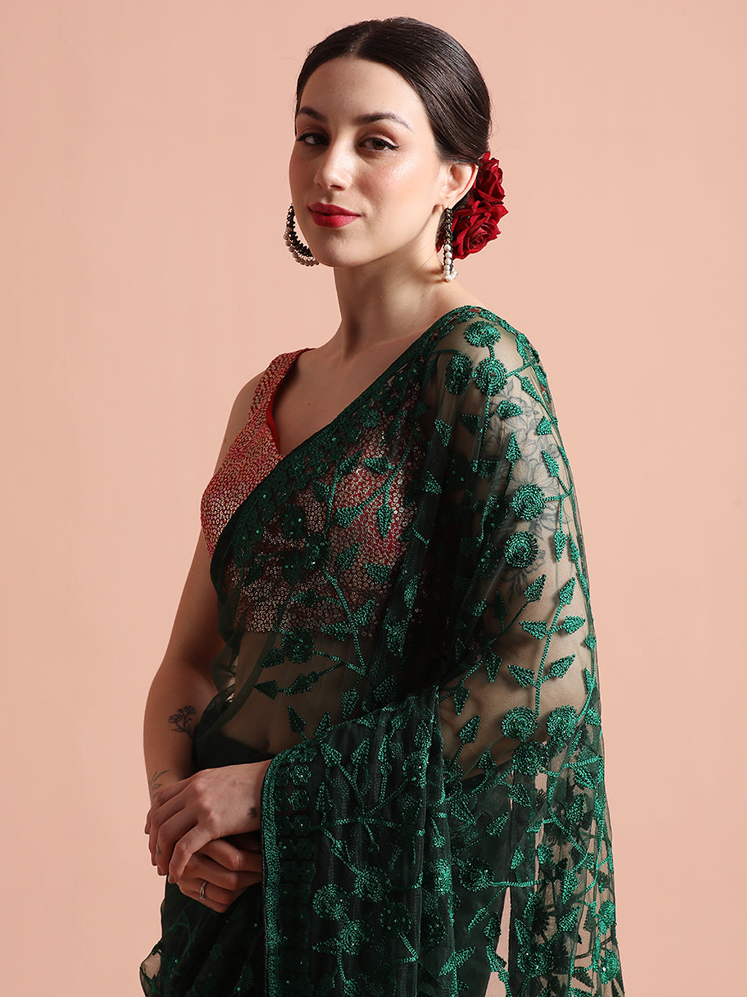 Green Party Wear Floral Embroidered Net Saree