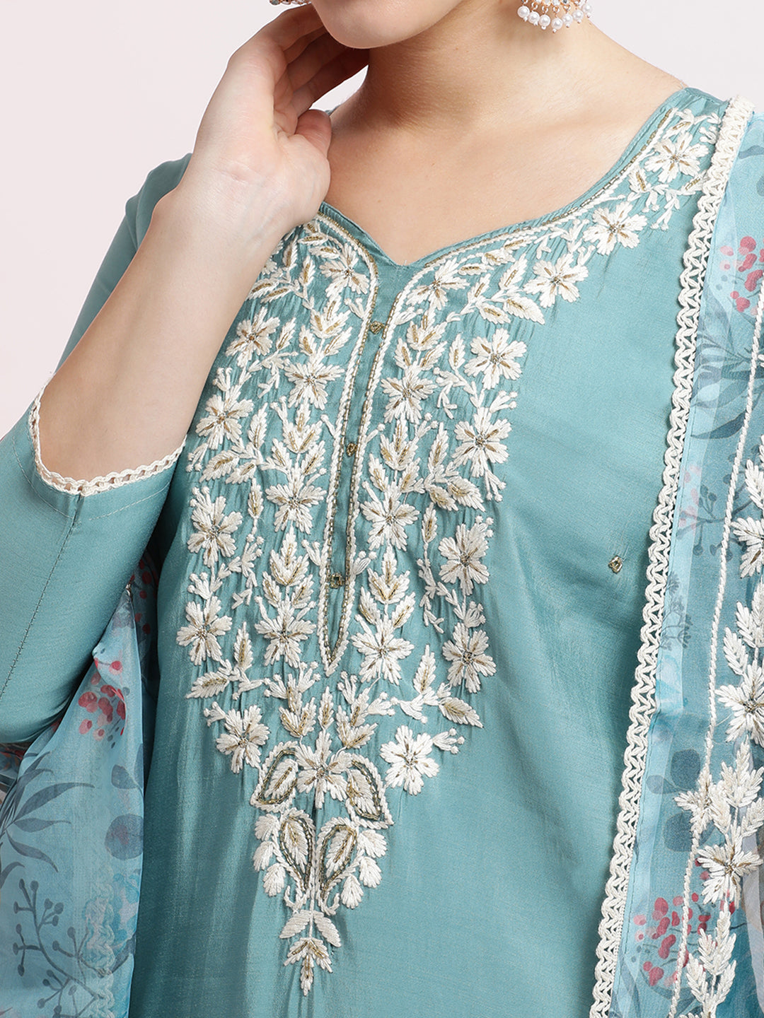 Sea Green Floral Embroidered Festive Kurta Set With Dupatta