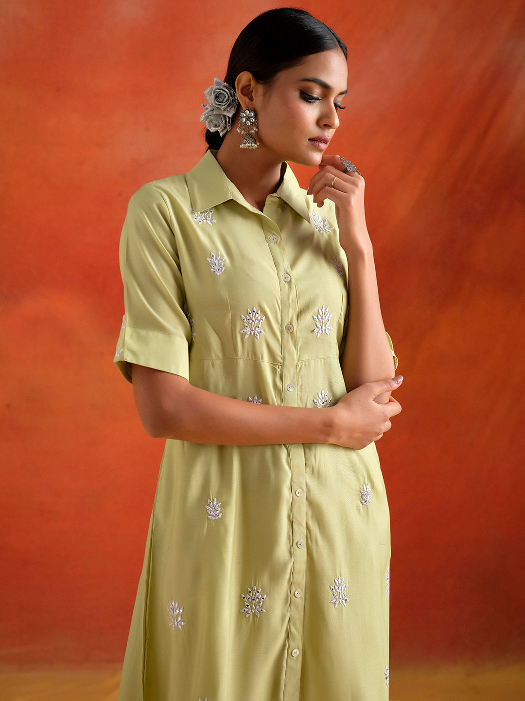 Lime Green Mirror Work Viscose Chanderi A-line Kurta