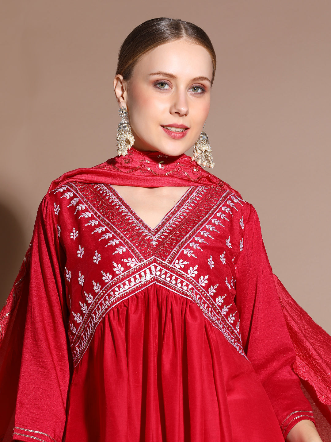 Red Velvet Solid Kurta Set With Dupatta