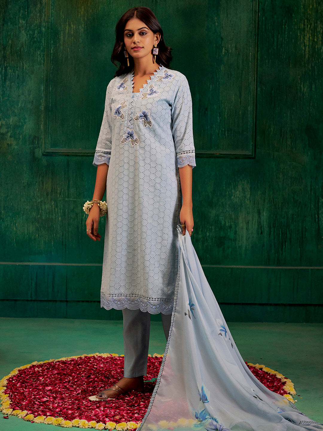 Blue Embroidered Cotton Schiffli Kurta Set With Dupatta