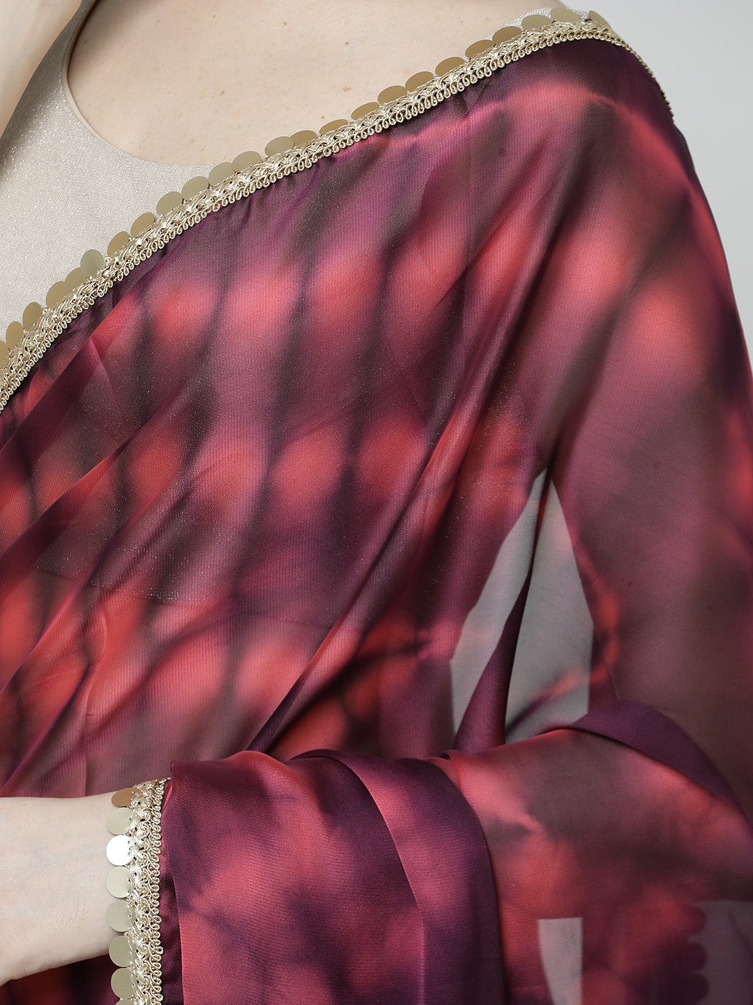 Maroon Embellished Satin Tie-Dye Saree