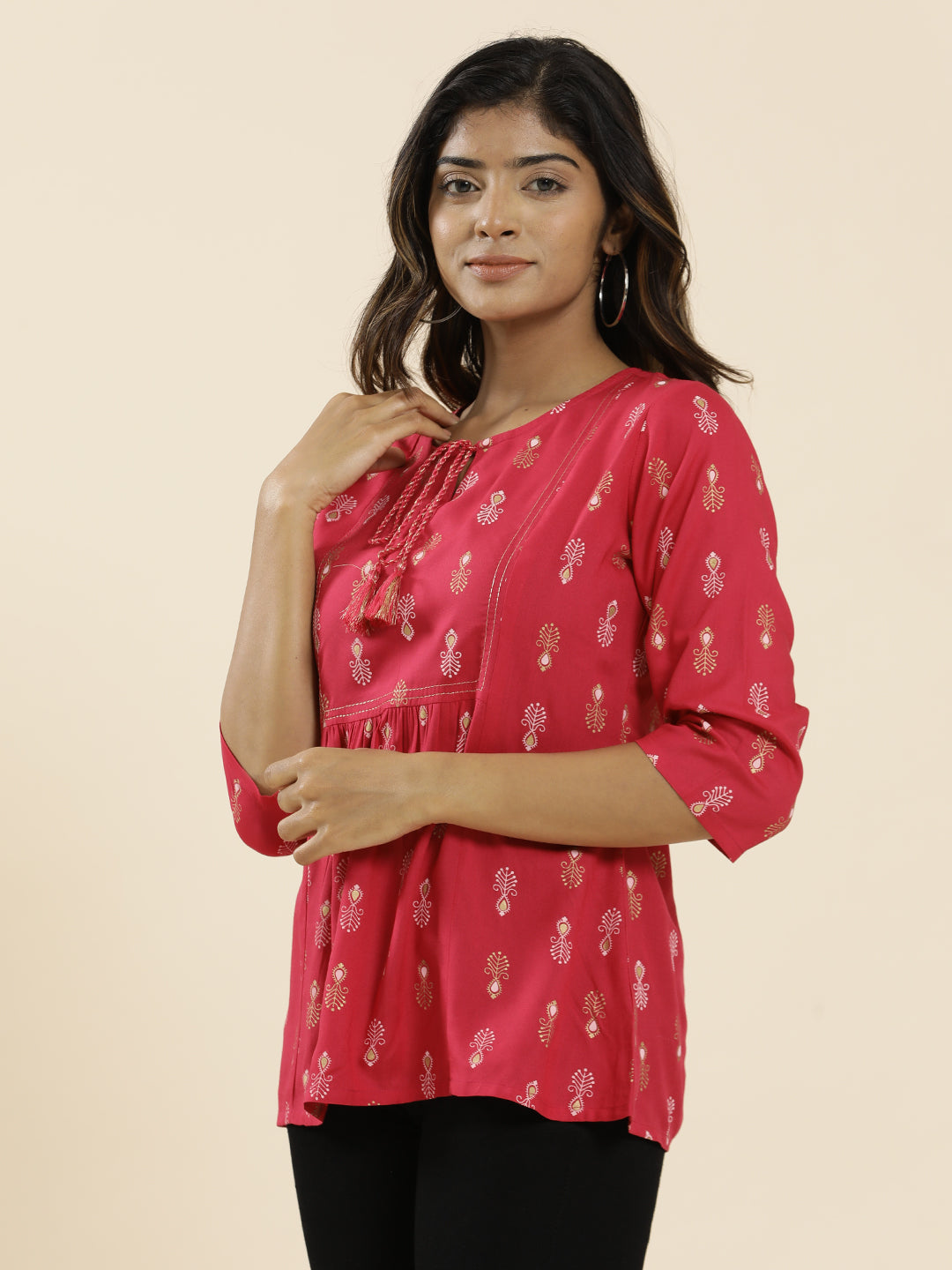 Fuchsia Ethnic Motif Printed Peplum Top