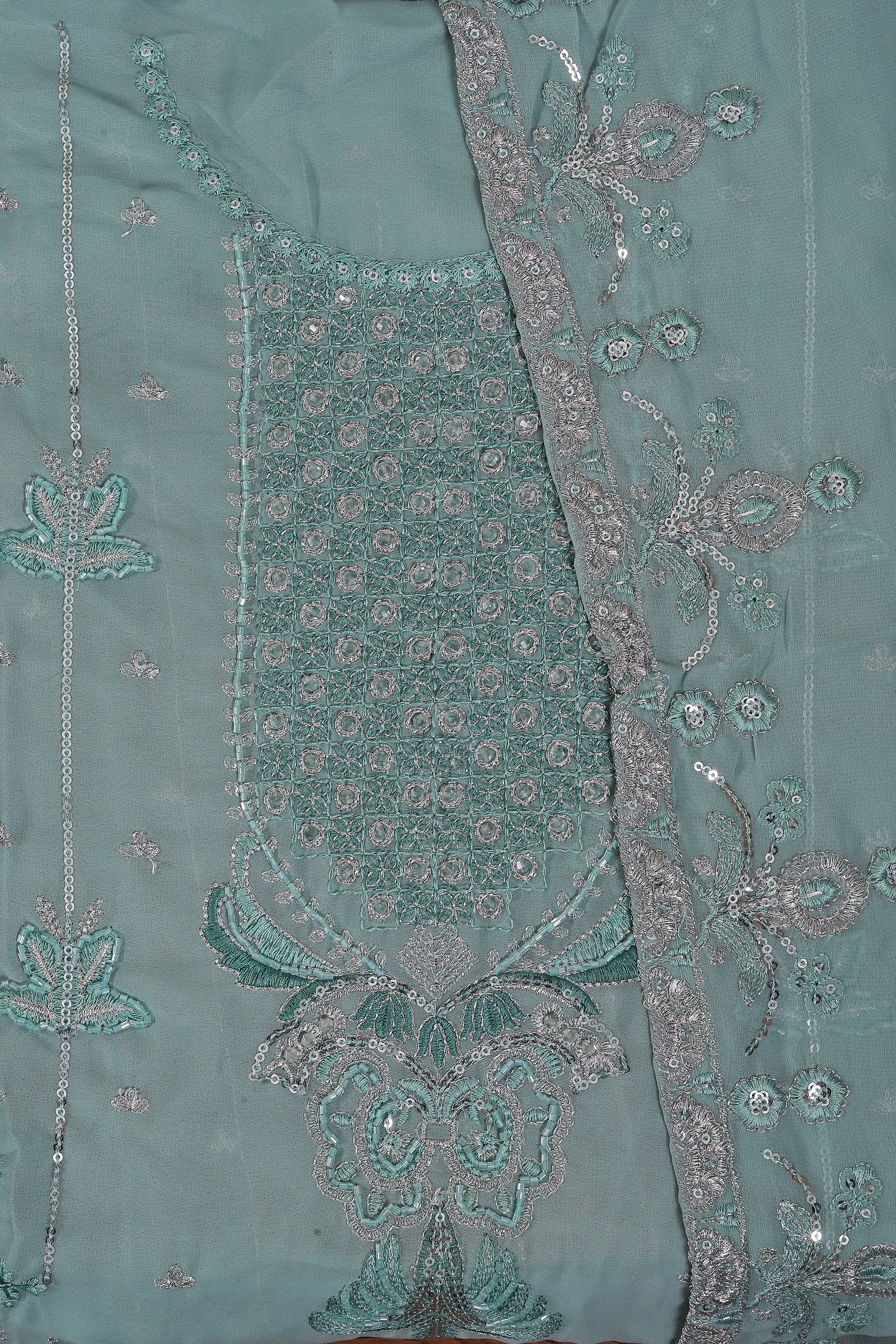 Teal Sequin Embroidered Poly Georgette Dress Material with Dupatta