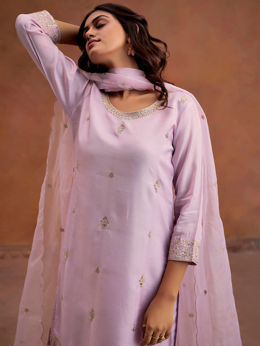 Lilac Zardozi Embroidered Festive Kurta Set With Dupatta