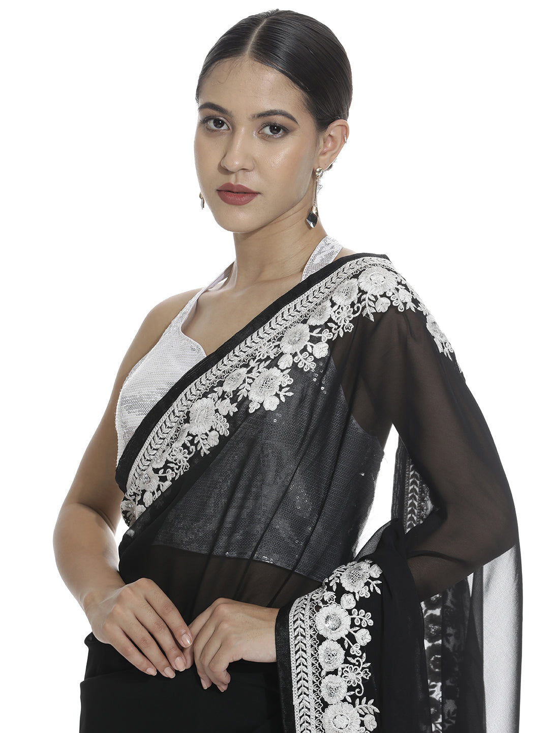 Pure Georgette Embroidered Black Saree