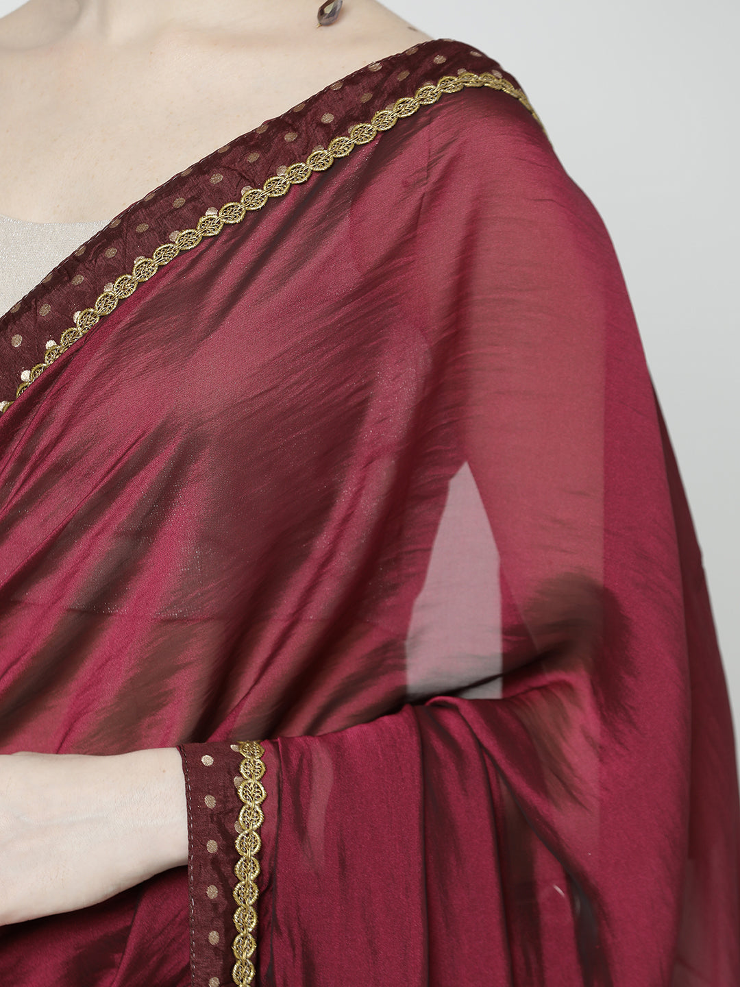 Red Wine Embellished Poly Silk Saree