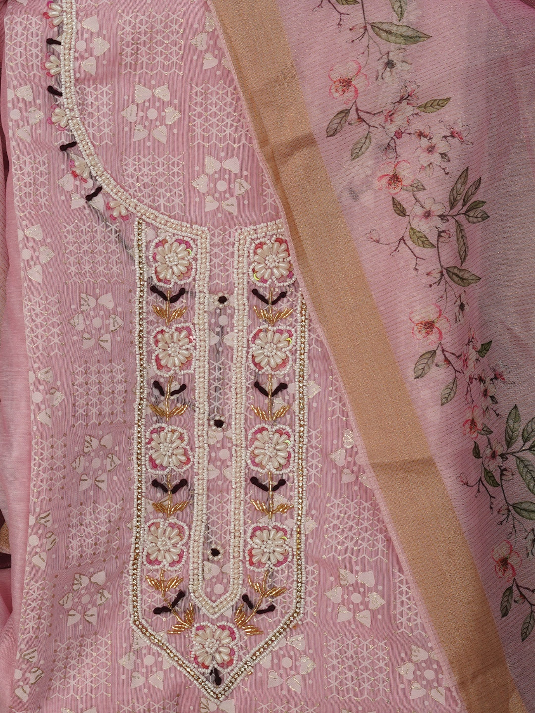 Pink Printed Embellished Cotton Dress Material with Dupatta