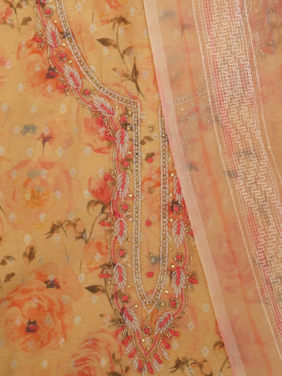 Beige Floral Printed Silk Zari Woven Dress Material with Dupatta